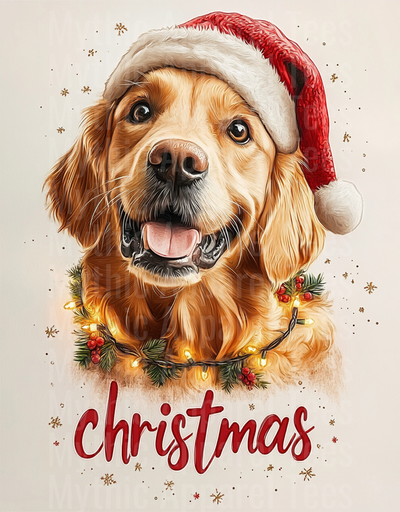 Golden Retriever Santa Hat Christmas Lights Holiday Dog Portrait with Christmas Script