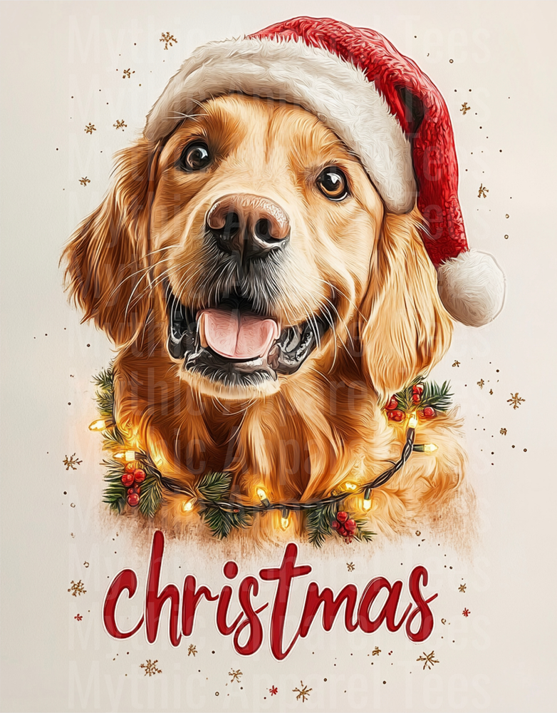 Golden Retriever Santa Hat Christmas Lights Holiday Dog Portrait with Christmas Script