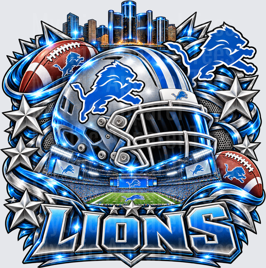 Detroit Lions Bold Glowing Helmet Stadium Skyline Collage with Silver Stars and Footballs