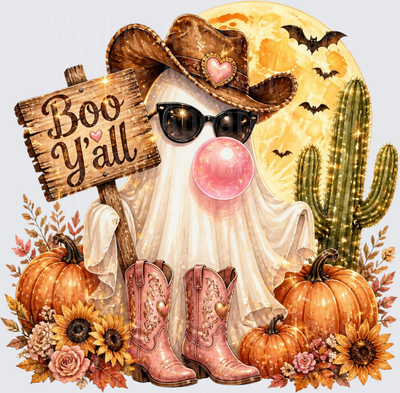 Halloween Boo Y'all Cowgirl Ghost Bubblegum Pumpkin Moon