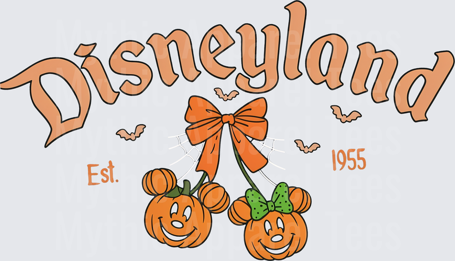 Disneyland Est. 1955 Halloween Mickey and Minnie Mouse Pumpkin Jack-o-Lanterns with Orange Bow and Bats