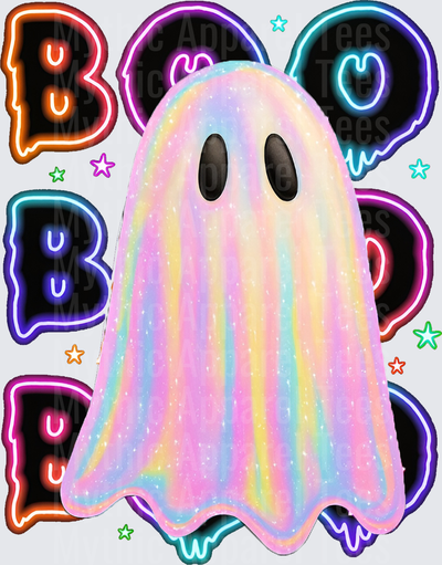 Halloween Neon Glow BOO Letters with Pastel Rainbow Glitter Ghost and Colorful Stars