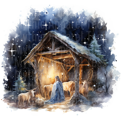 Nativity Scene Watercolor Stable Mary Baby Jesus Starry Night