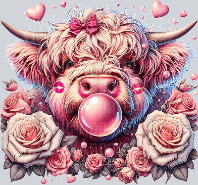 179 Highland Cow Roses Hearts Kisses Bubblegum Valentines Day T-Shirt
