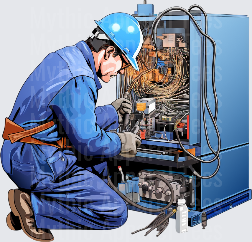 Electrician Technician in Blue Coveralls and Hard Hat Repairing Industrial Control Panel with Wiring