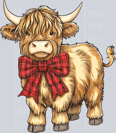 Highland Cow with Red christmas Bow DTF Christmas Highland Cows Transfers