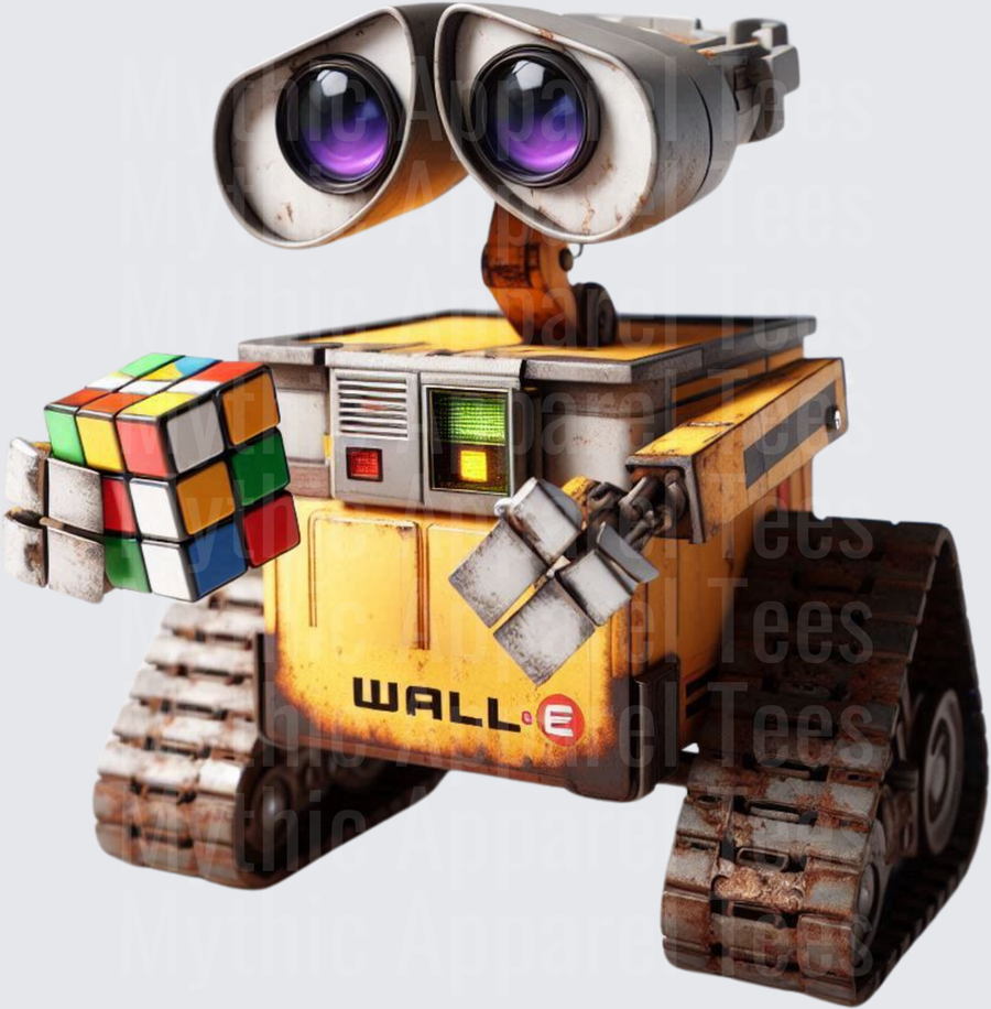 WALL-E Robot Holding Colorful Rubik's Cube with Expressive Binocular Eyes and Rusty Tank Treads