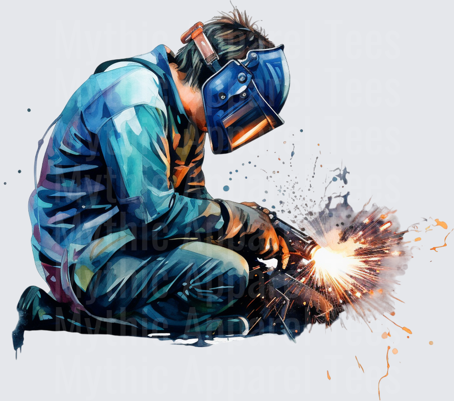Watercolor Welder Kneeling With Welding Mask And Flying Sparks