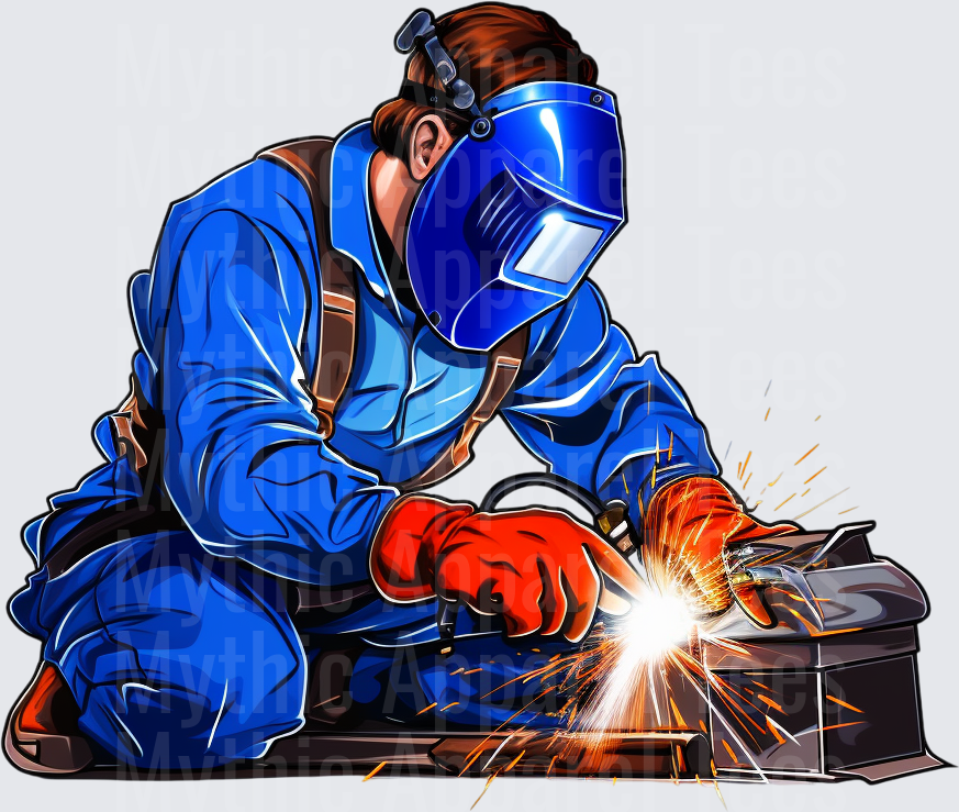 Welder In Blue Coveralls With Welding Mask And Red Gloves Throwing Sparks