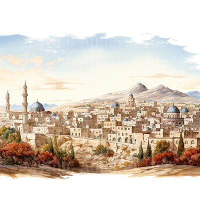 Nativity Ancient Middle Eastern City Watercolor Skyline Art