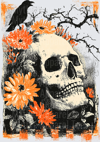 Distressed Halloween Skull With Black Crow Orange Marigolds and Bare Branches Gothic Woodcut Art