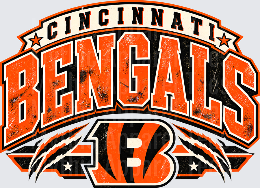 Cincinnati Bengals Vintage Distressed Arched Wordmark with Tiger Stripe B Logo and Claw Marks