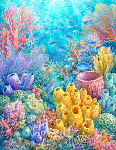 Ocean Animals Vibrant Coral Reef with Tropical Fish and Sea Sponges