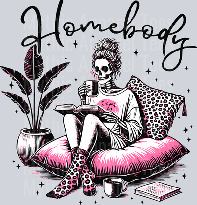 Homebody Skull girl on couch black text DTF Skull Transfers