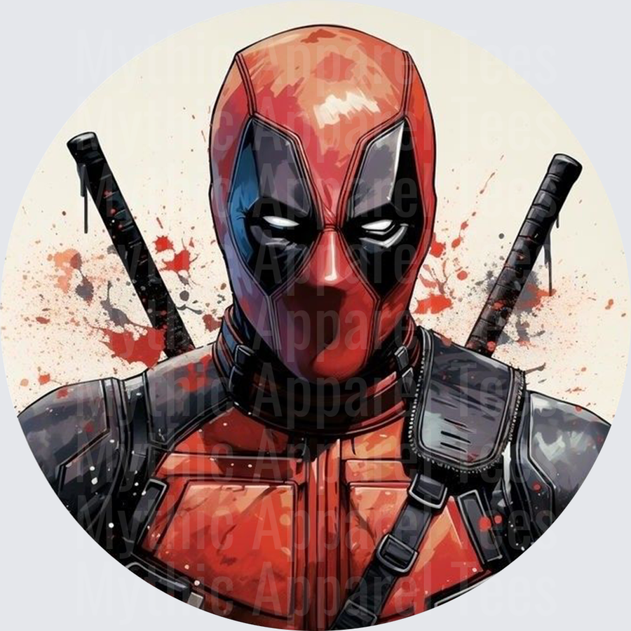 Marvel Super Heroes Deadpool Red Suit Dual Katana Splatter Art Circle