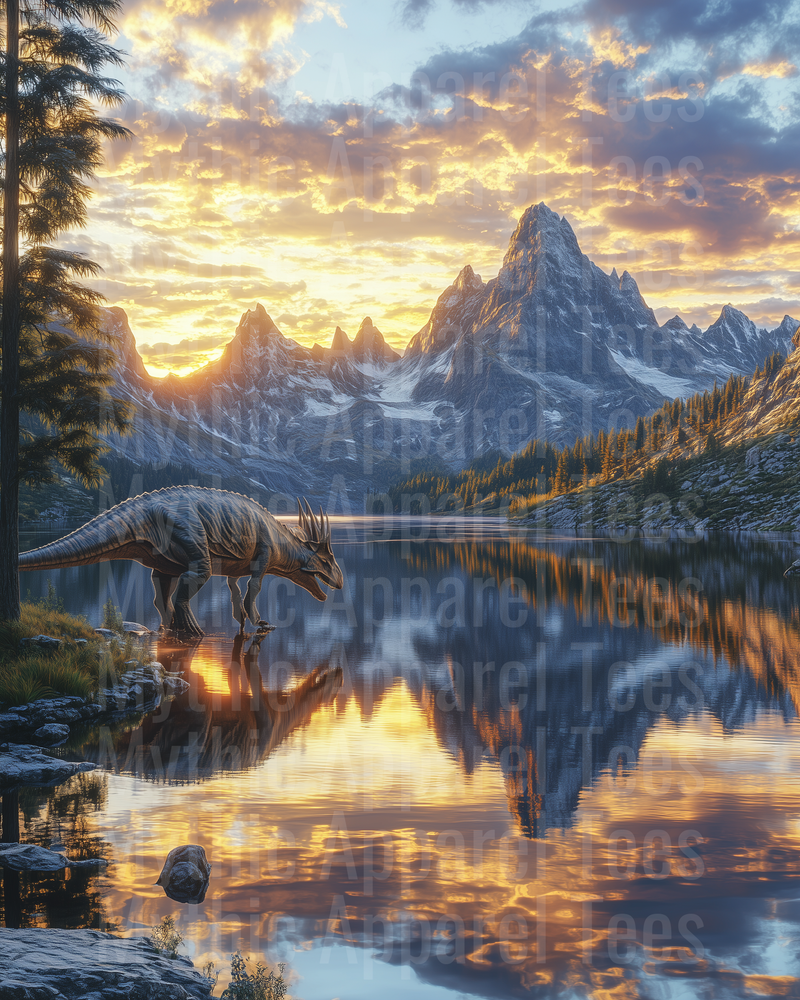 Triceratops Dinosaur Drinking From Reflective Mountain Lake at Golden Sunset