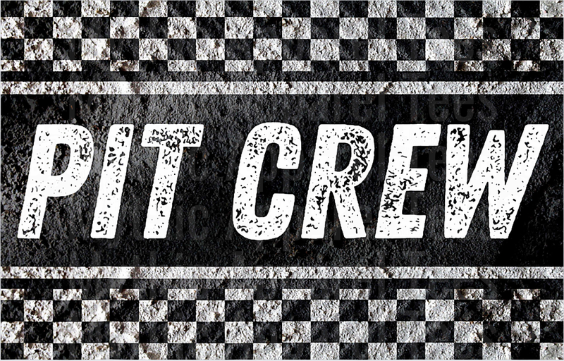 Pit Crew Bold Distressed Text with Checkered Racing Flag Border Grunge Design