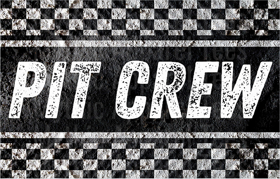 Pit Crew Bold Distressed Text with Checkered Racing Flag Border Grunge Design