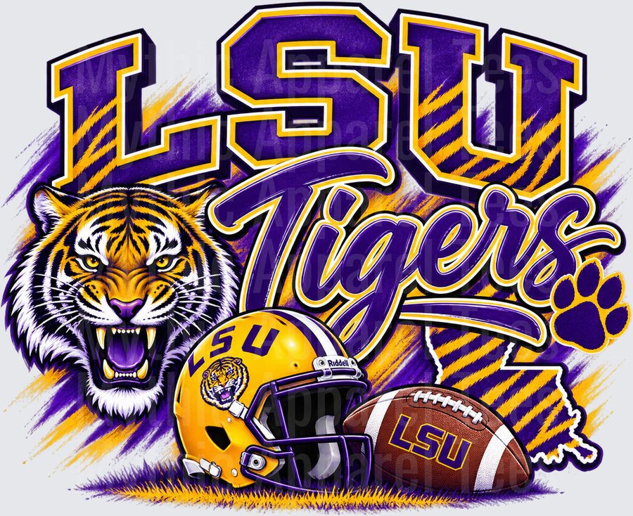 LSU Tigers Roaring Tiger Mascot Gold Helmet and Football Purple Gold Game Day Spirit Design