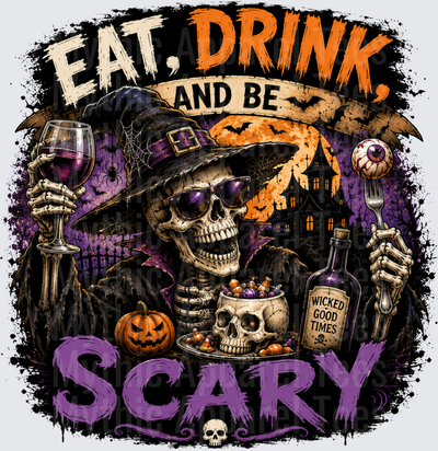Eat Drink and Be Scary Skeleton Witch with Wine Glass Eyeball Fork Wicked Good Times Poison Bottle Haunted House Full Moon Halloween