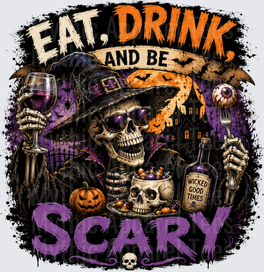 Eat Drink and Be Scary Skeleton Witch with Wine Glass Eyeball Fork Wicked Good Times Poison Bottle Haunted House Full Moon Halloween
