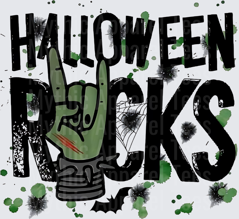 Halloween Rocks Zombie Hand Rock On Sign with Spider Web Bat and Grunge Splatter
