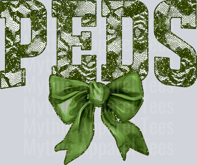 Olive Green Lace PEDS St Patrick's Day College Font Floral and shamrock pattern