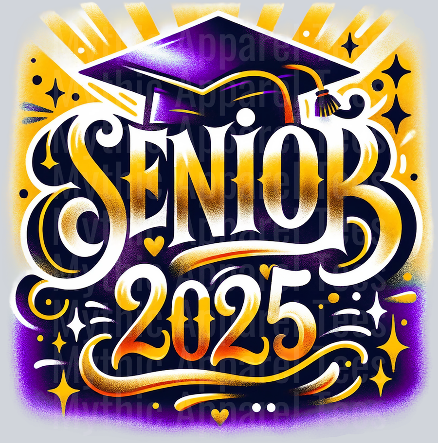 0033 Senior 2025 Airburshed Gold and Purple DTF 2025 Senior Graduation Transfers
