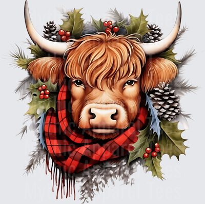 Highland Christmas Cow with Plaid Scarf Holly and Pinecones
