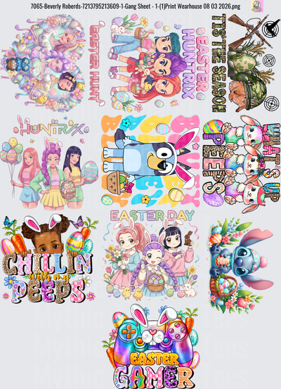 Gang Sheet FULL SIZE DESIGNS Easter Gaming Bundle with Disney Stitch Anime Characters and Colorful Holiday Designs