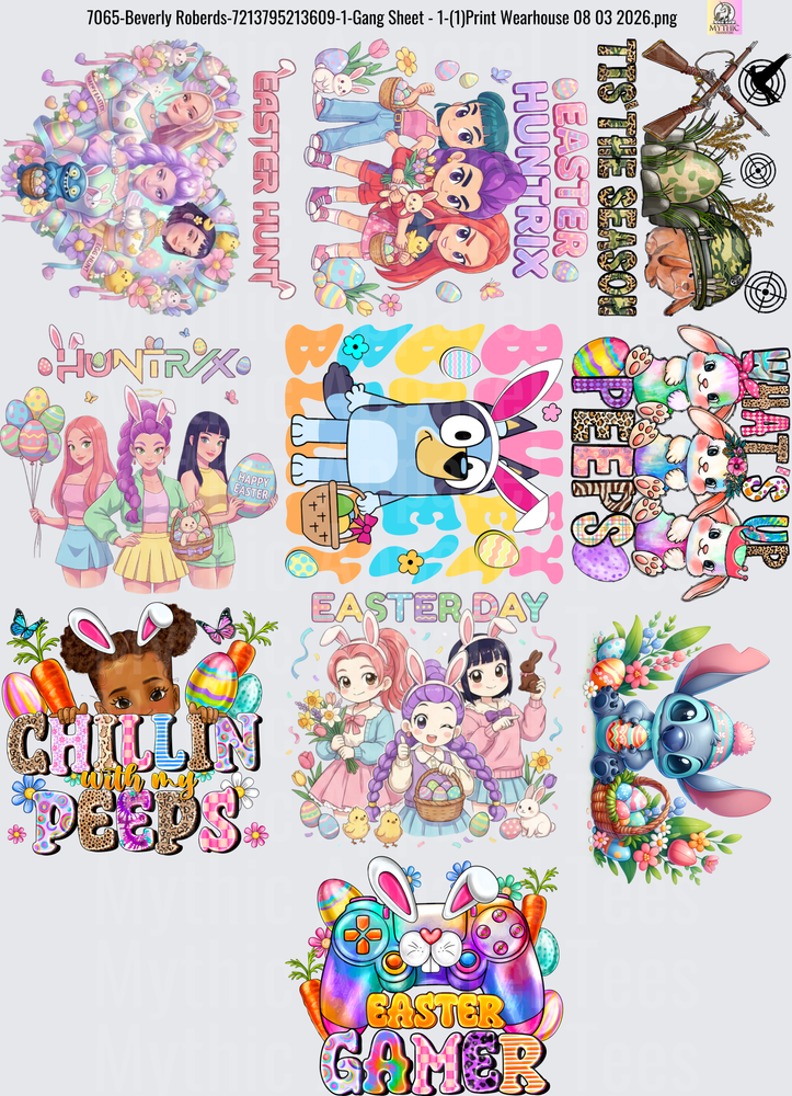 Gang Sheet FULL SIZE DESIGNS Easter Gaming Bundle with Disney Stitch Anime Characters and Colorful Holiday Designs