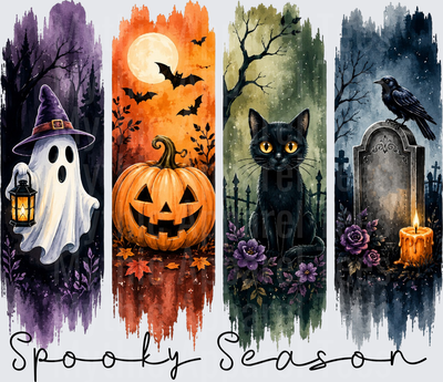 Halloween Spooky Season Four Panel Ghost Pumpkin Black Cat Raven