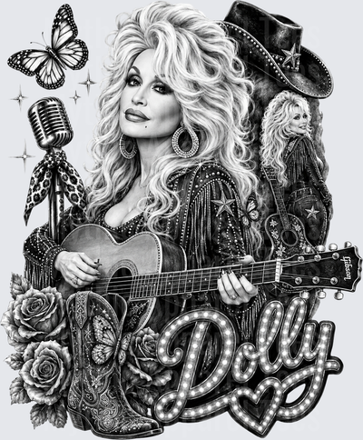 Dolly Parton Black and White Grayscale Portrait with Gibson Guitar Vintage Microphone Cowboy Hat Cowboy Boot Roses Butterflies and Marquee Name Lettering Country Music Legend Tribute Collage