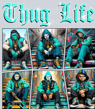 Teal Letters Frankenstein Chucky THUG LIFE Freddy Krueger Jason Vorhees Michael Myers Pennywise Gangster Pose Horror Movie DTF Thug Life Transfers