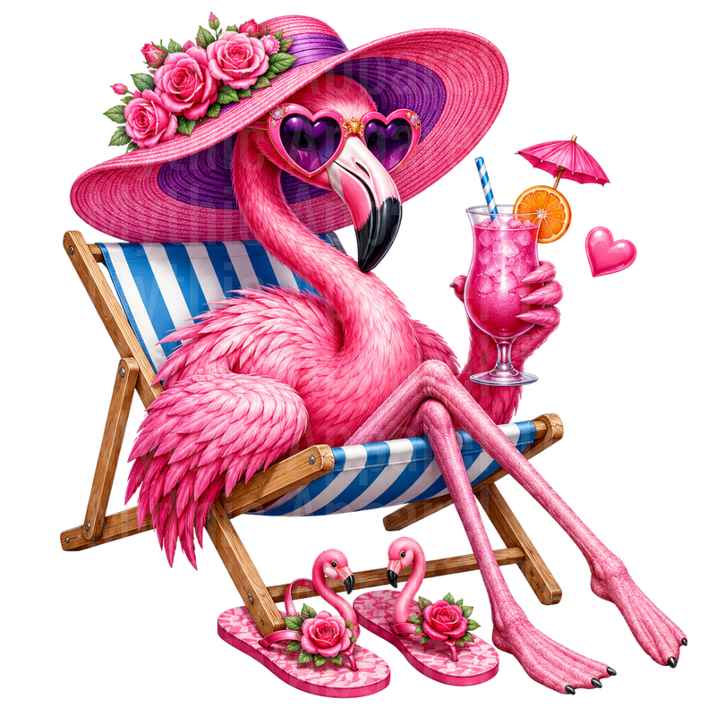 Flamingo Sipping Tropical Cocktail in Pink Sun Hat Beach Chair