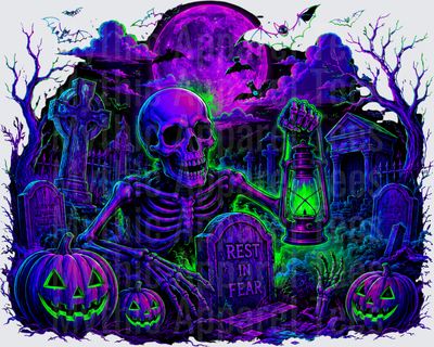 Neon Blacklight Skeleton Rising From Graveyard With Rest In Fear Tombstone Glowing Jack-O-Lanterns And Full Moon Bats