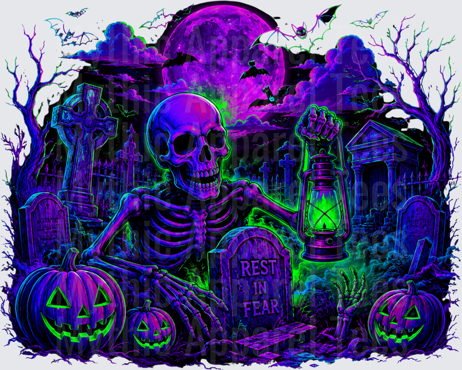 Neon Blacklight Skeleton Rising From Graveyard With Rest In Fear Tombstone Glowing Jack-O-Lanterns And Full Moon Bats