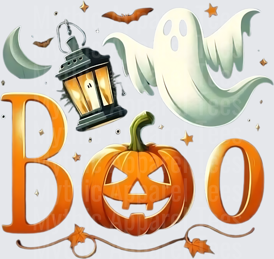 Halloween Boo Typography with Jack-O-Lantern Ghost Lantern Crescent Moon and Bats