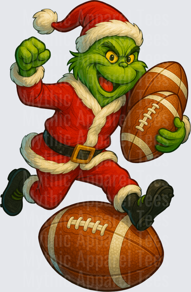 Grinch Football Grinch in Santa Suit Running with Football Christmas Holiday Sports Design