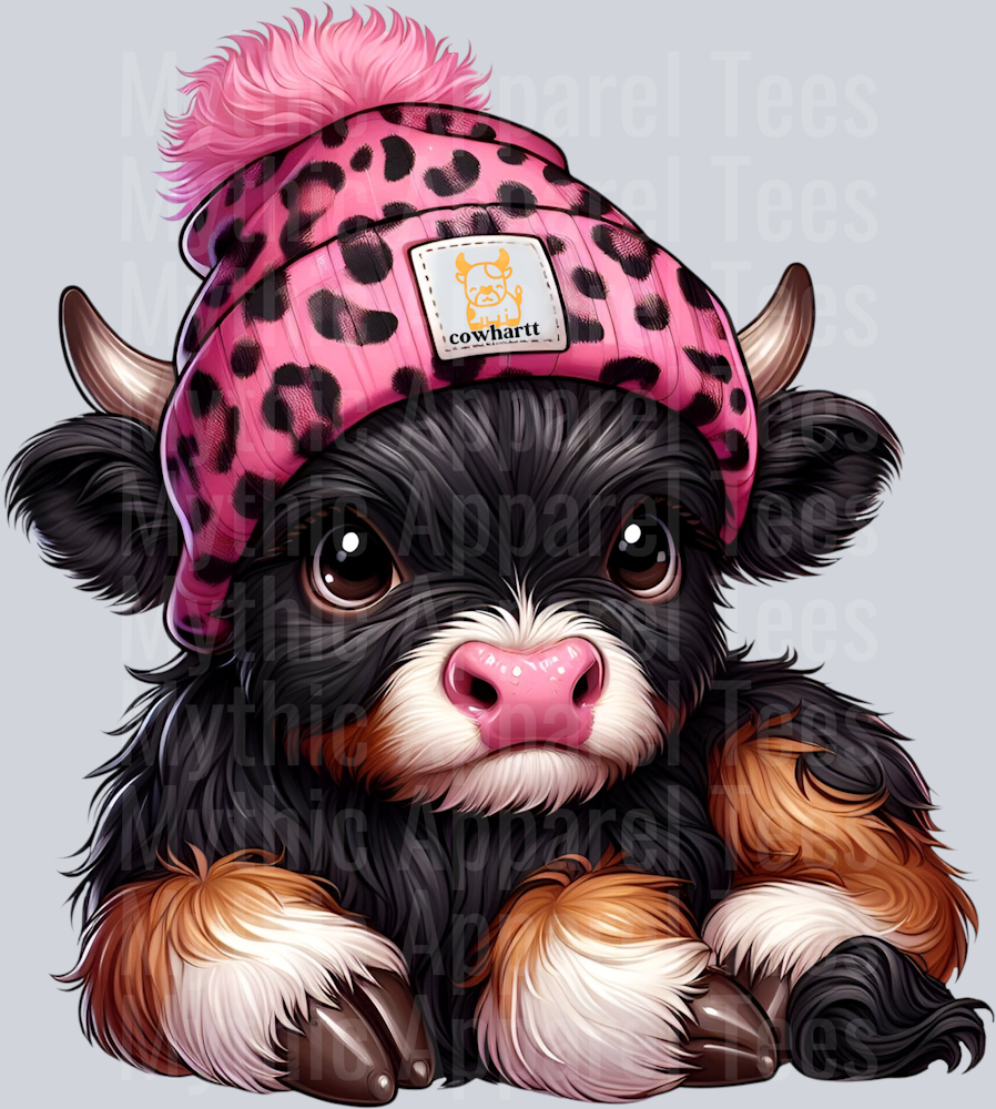 Black brown and white DTF CowHartt Highland Cow Transfers