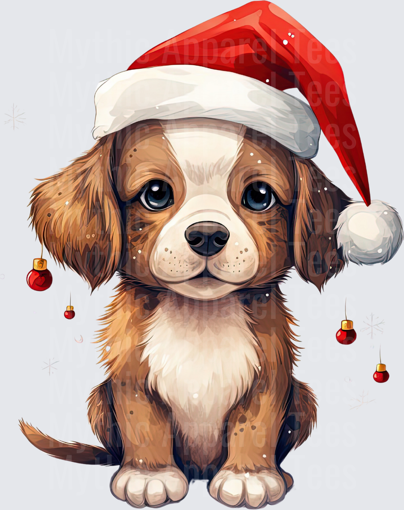 Cute Brown Puppy Wearing Santa Hat with Hanging Red Christmas Ornaments and Snowflakes