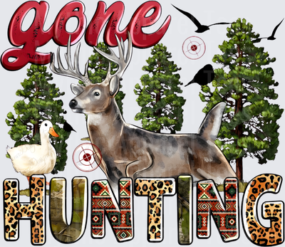 Gone Hunting Buck Deer Duck Birds Pine Trees Leopard Aztec Print Design