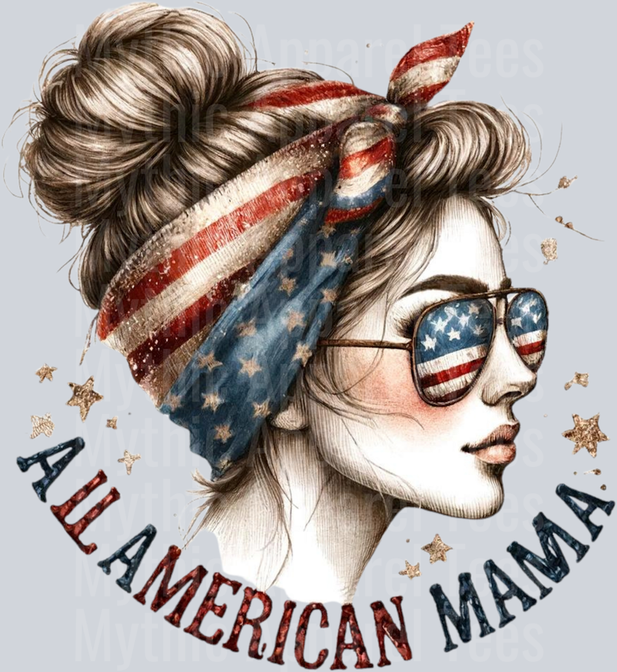 All American Mama Messy Bun 4th of July Patriotic Transfers