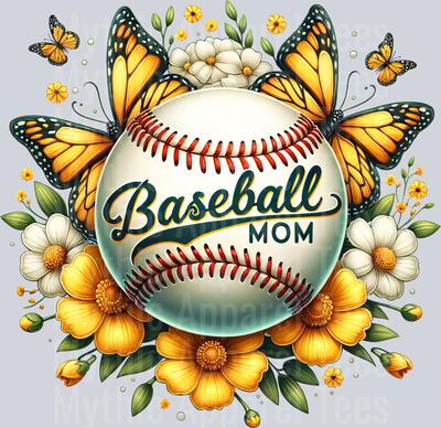 Baseball mom butterfly and flowers DTF Baseball Transfers