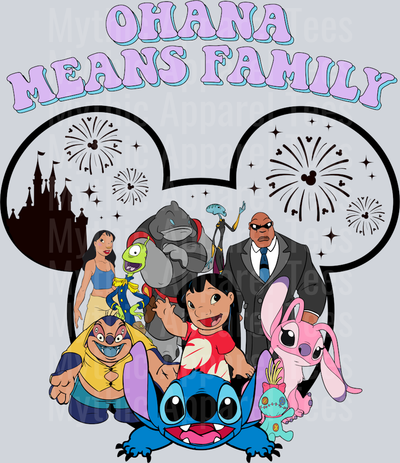 Ohana means family purple words with fireworks DTF Lilo and Stitch Transfers