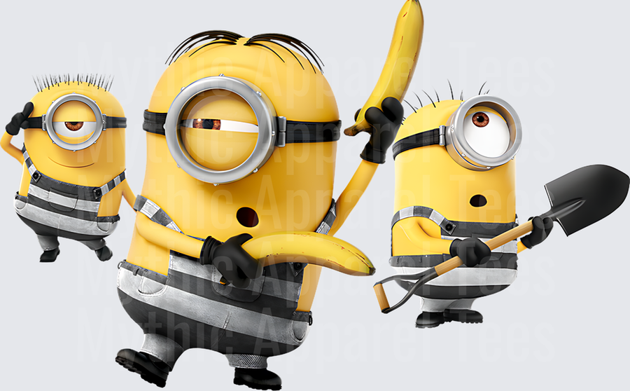 Minnions Trio in Prisoner Overalls with Banana and Shovel