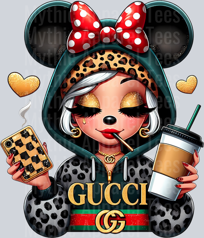 Minnie with coffee cups Leopard print jacket Disney DTF Gucci Disney Transfers