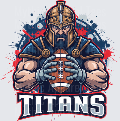 Titans Warrior Mascot Holding Football with Paint Splatter Background
