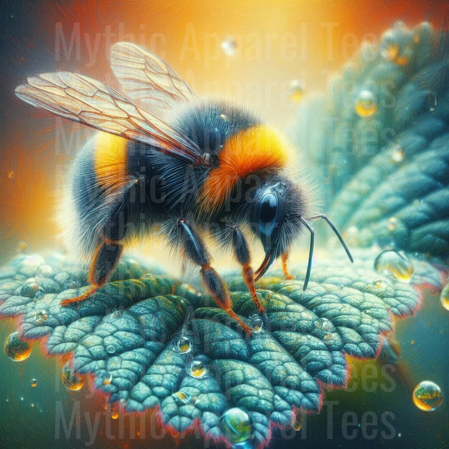 Fluffy Bumblebee Resting on Dewy Leaf Macro Nature Artwork Warm Golden Background
