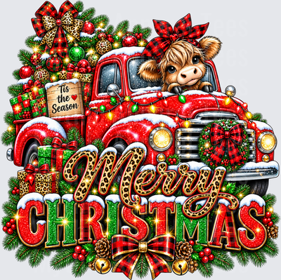Christmas Highland Cow Buffalo Plaid Bow Red Vintage Truck Tis The Season Merry Christmas Leopard Print Glitter Holiday Design